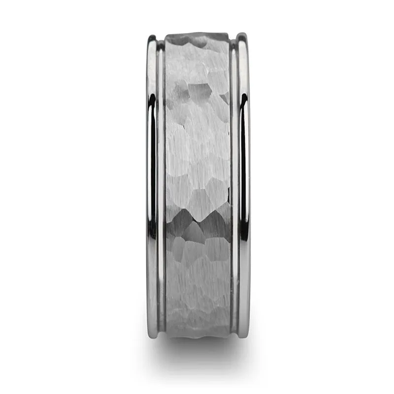 Thorsten THORNTON Hammered Finish Center White Tungsten Carbide Wedding Band with Dual Offset Grooves and Polished Edges - 6mm or 8mm