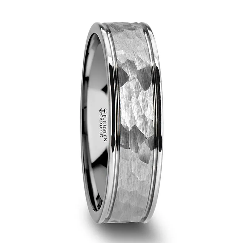 Thorsten THORNTON Hammered Finish Center White Tungsten Carbide Wedding Band with Dual Offset Grooves and Polished Edges - 6mm or 8mm
