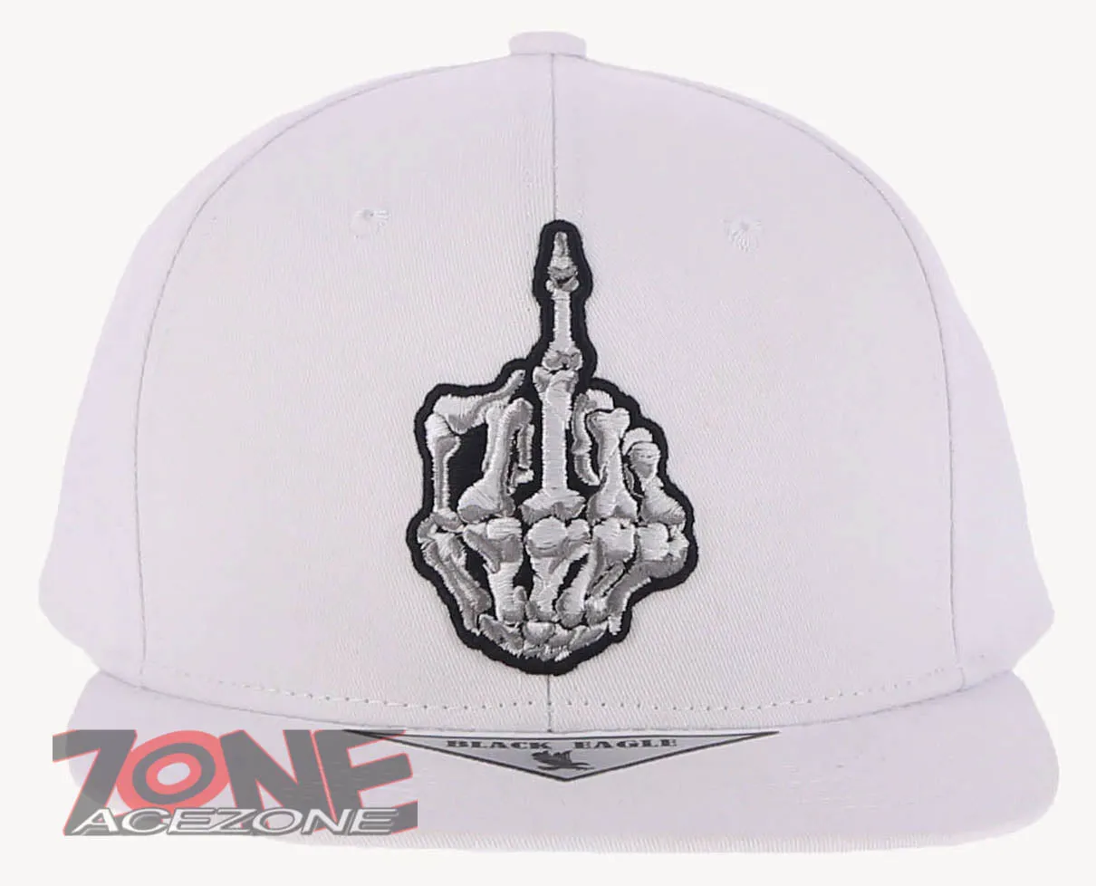 USA SKELETON HAND MIDDLE FINGER COTTON FLAT BILL SNAPBACK BASEBALL CAP HAT WHITE