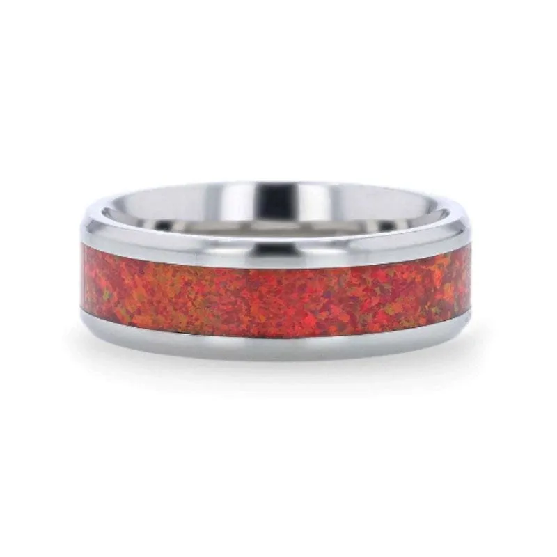 WESTPORT Titanium Men's Ring With Beveled Edges And Red Opal Inlay - 8mm