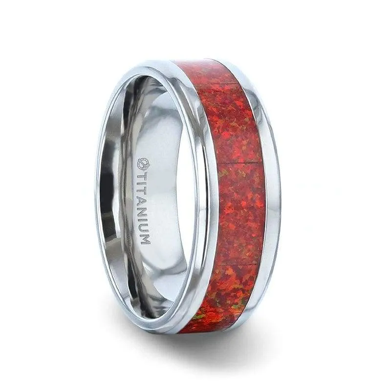 WESTPORT Titanium Men's Ring With Beveled Edges And Red Opal Inlay - 8mm