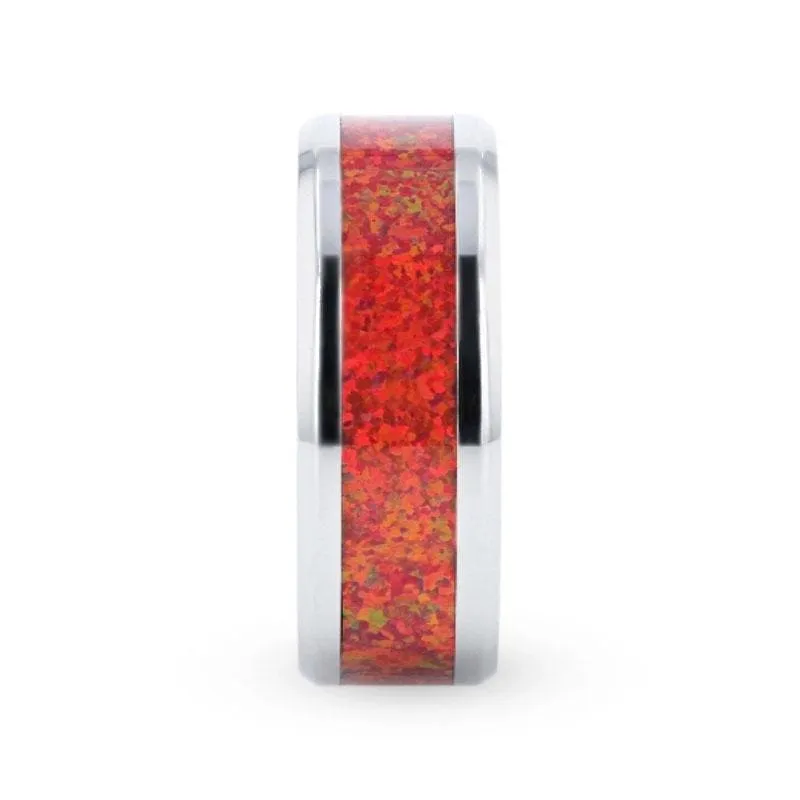 WESTPORT Titanium Men's Ring With Beveled Edges And Red Opal Inlay - 8mm